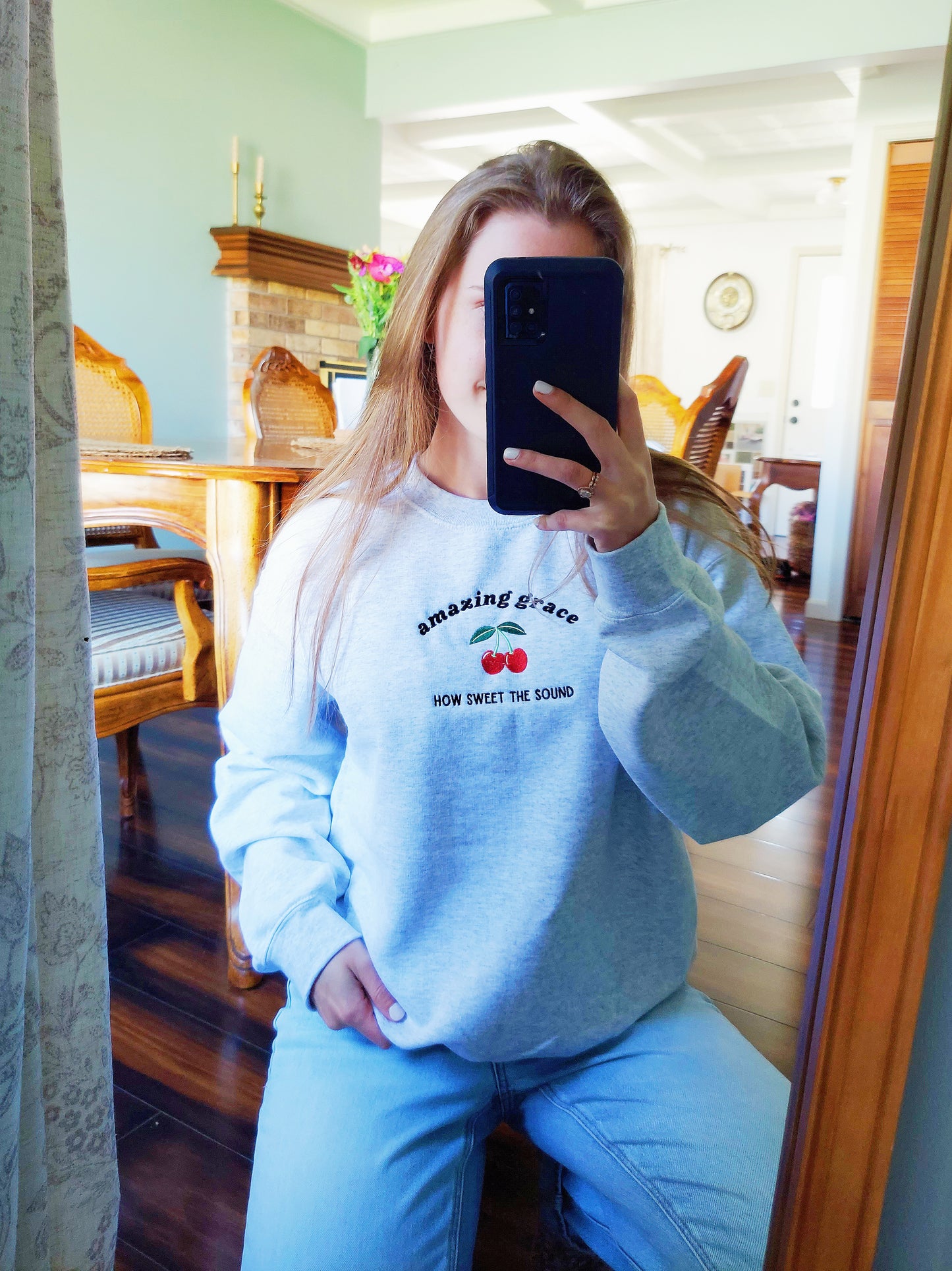 Amazing Grace Embroidered Crew / Gray