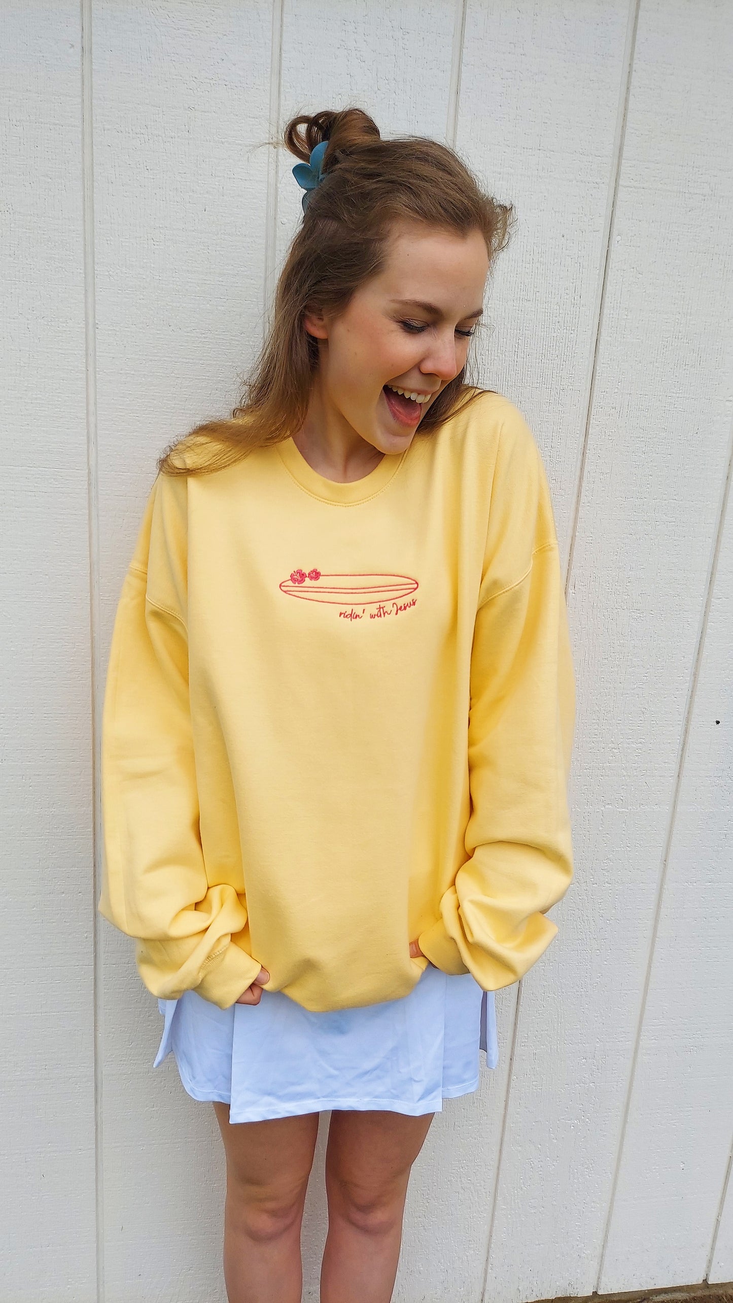 Ridin' with Jesus Embroidered Crew / Butter Yellow