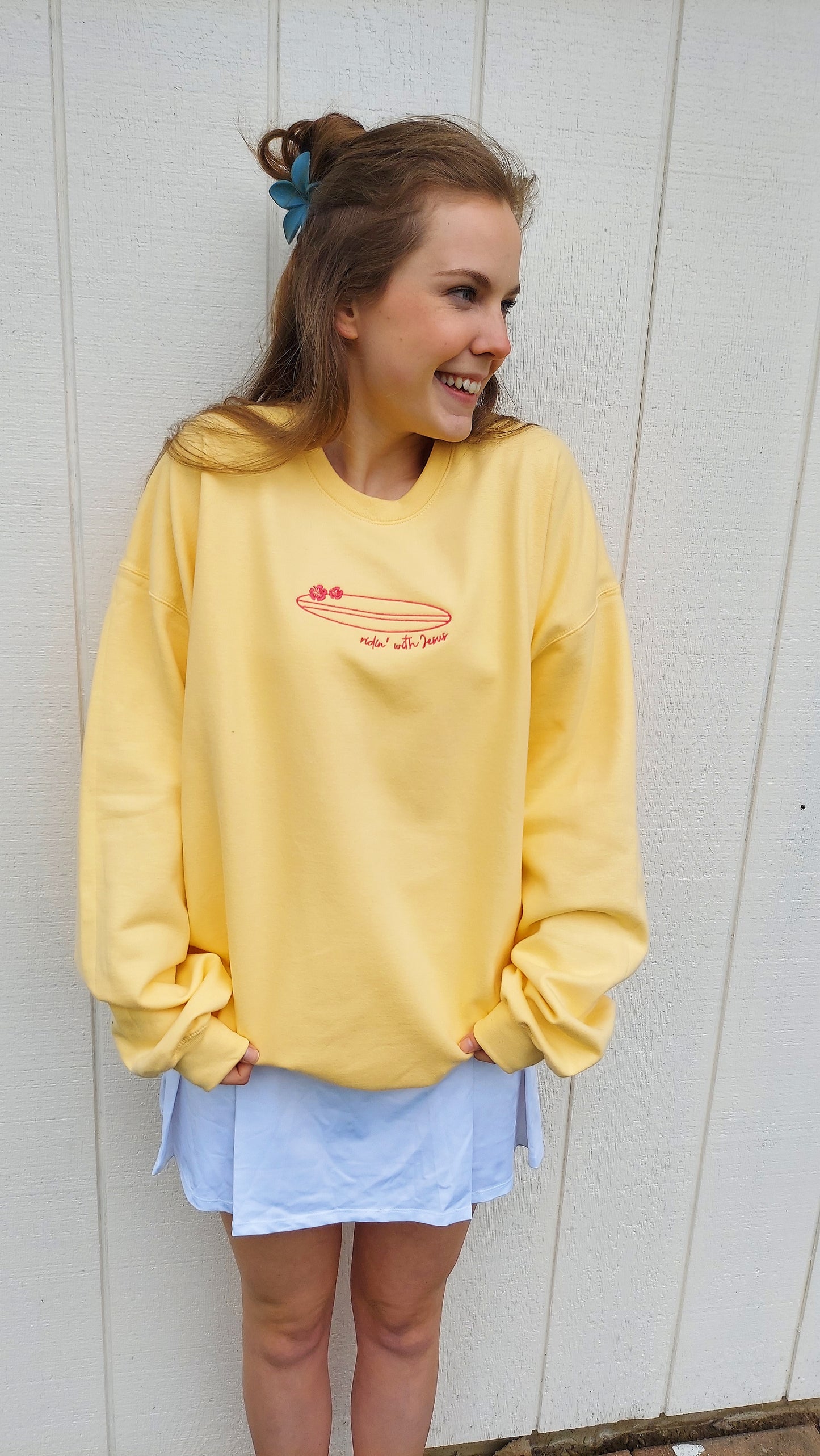 Ridin' with Jesus Embroidered Crew / Butter Yellow