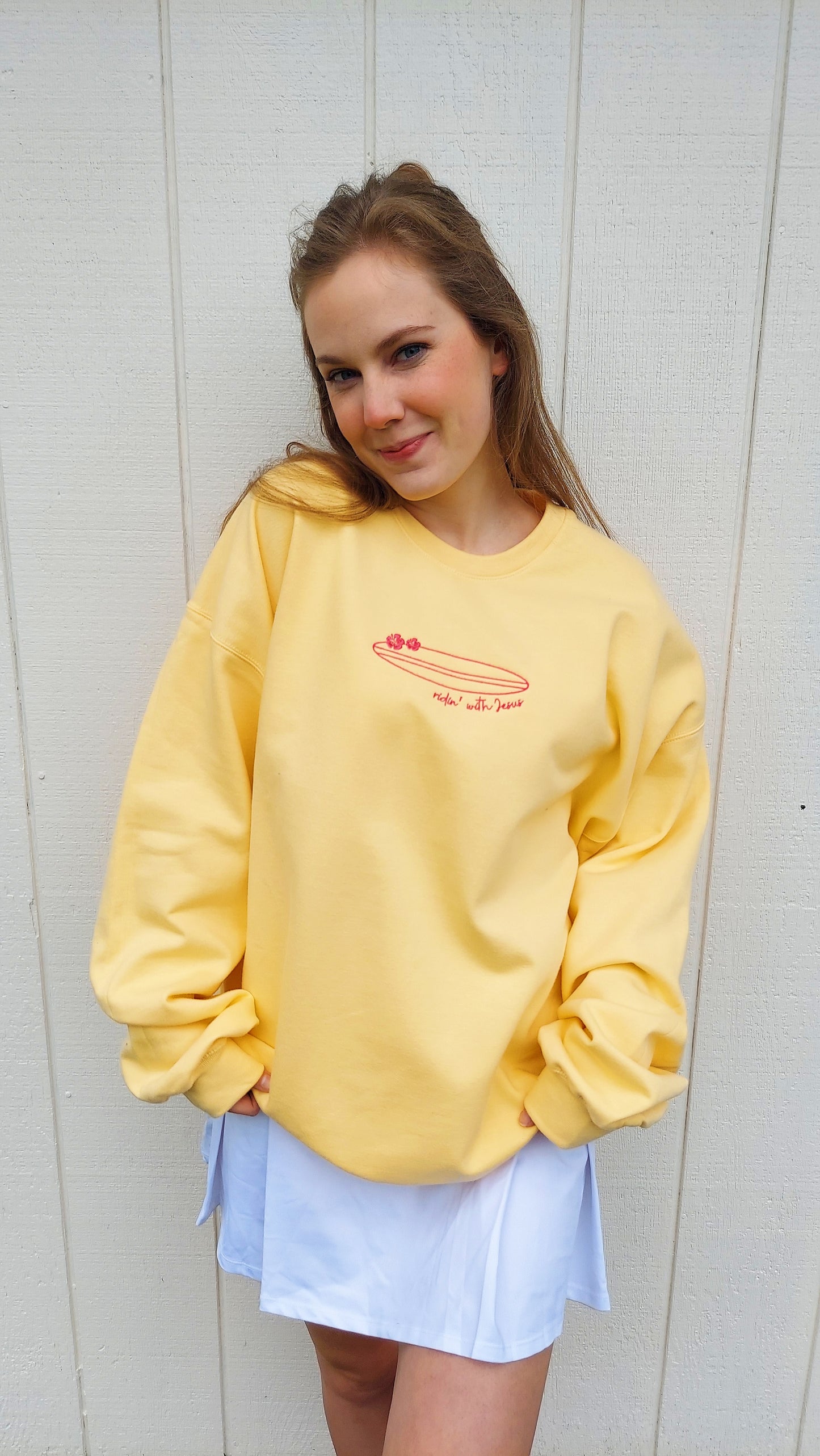 Ridin' with Jesus Embroidered Crew / Butter Yellow