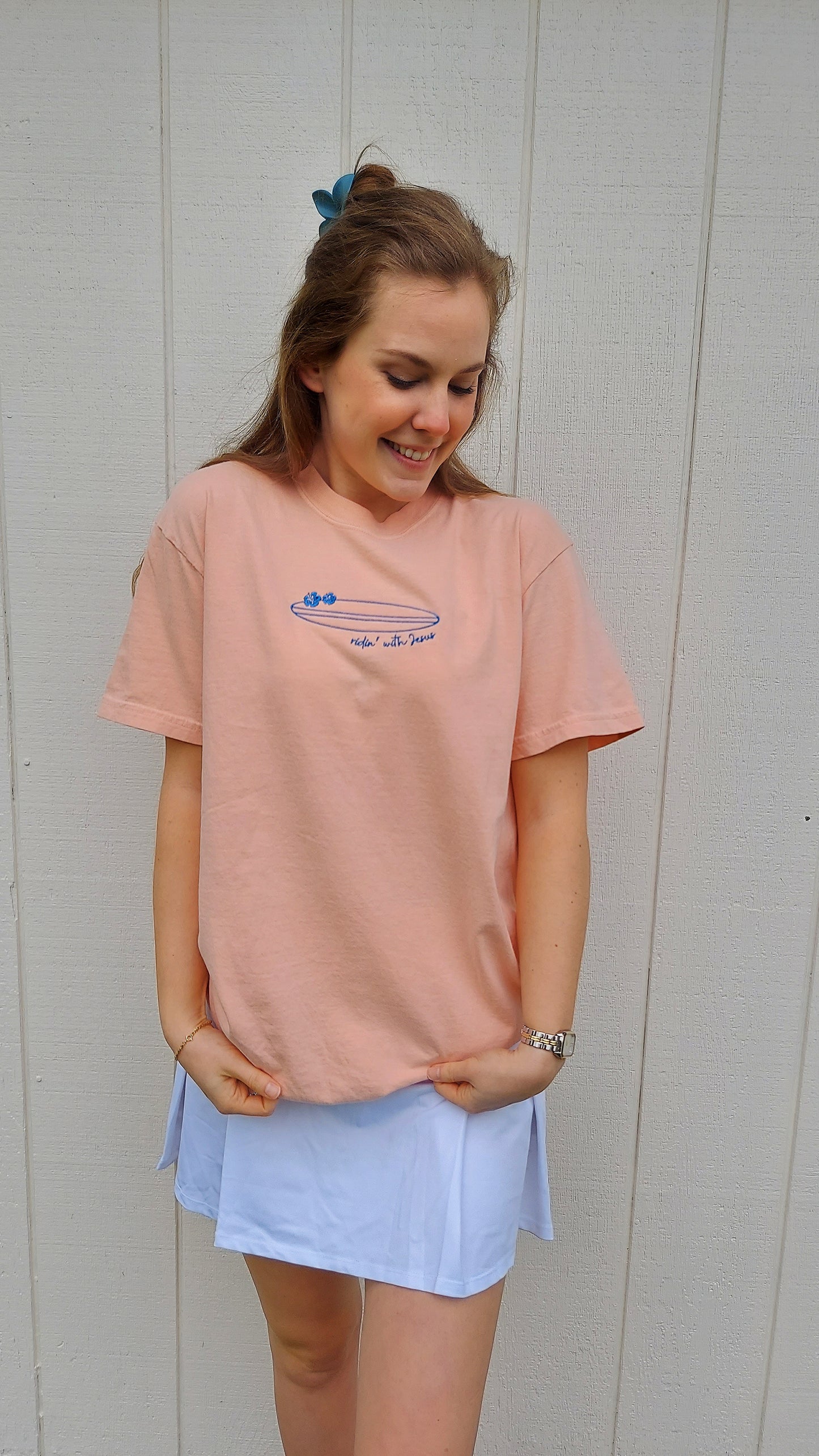 Ridin' with Jesus Embroidered Tee / Peach