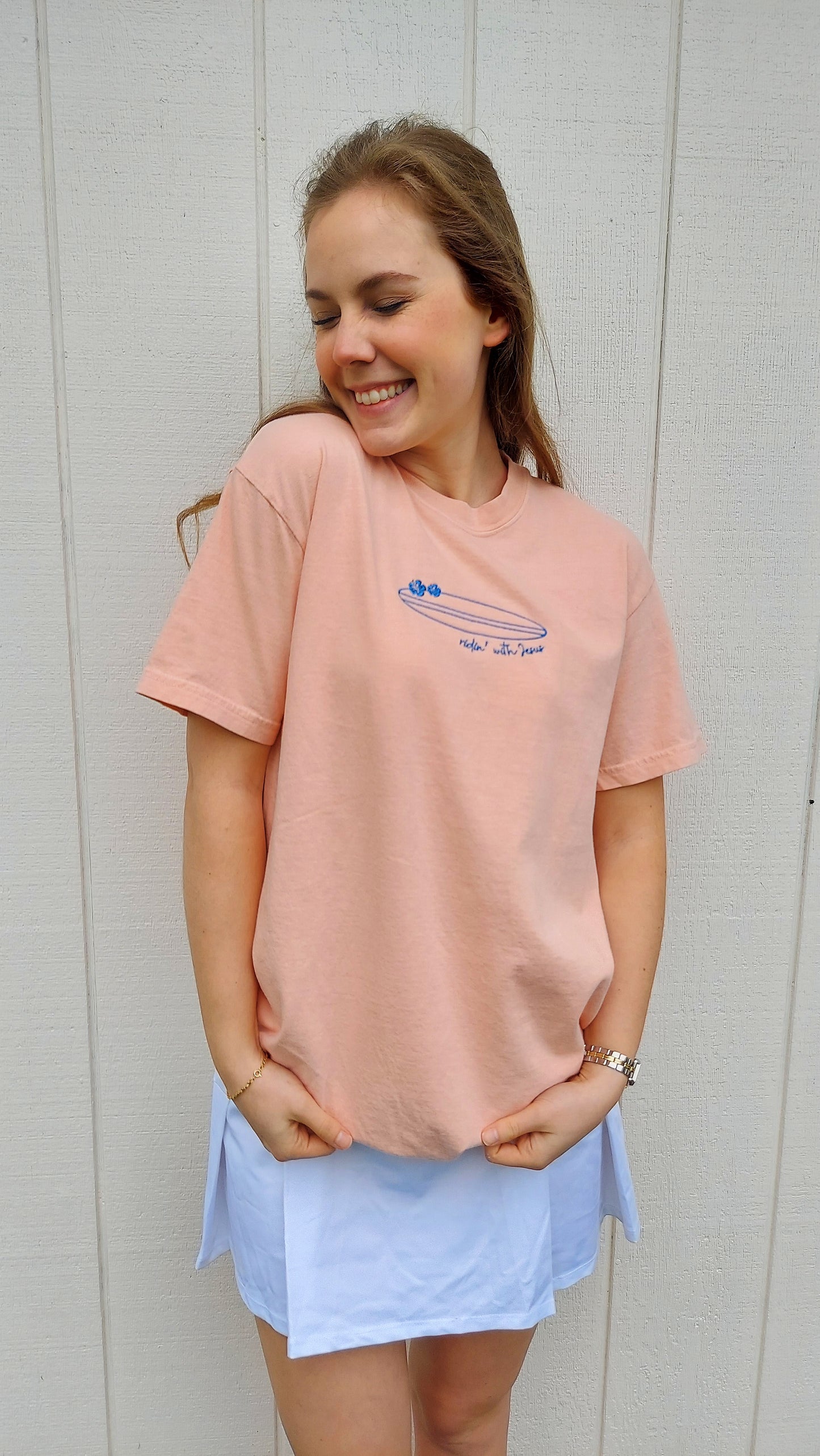 Ridin' with Jesus Embroidered Tee / Peach