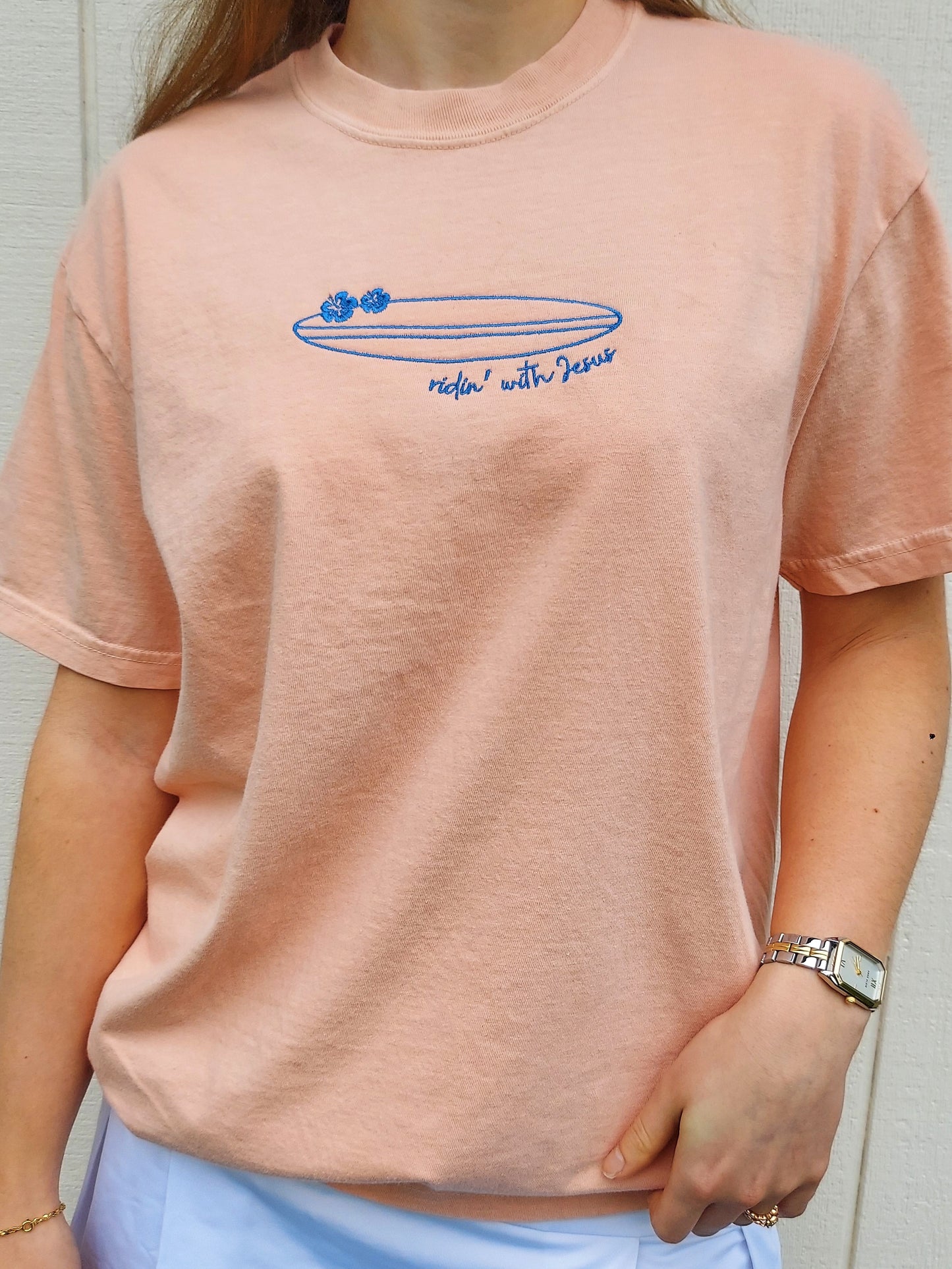 Ridin' with Jesus Embroidered Tee / Peach