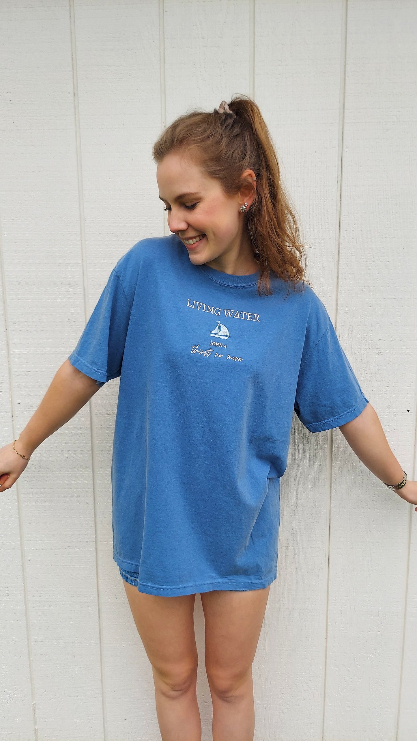 Living Water Embroidered Tee / Blue