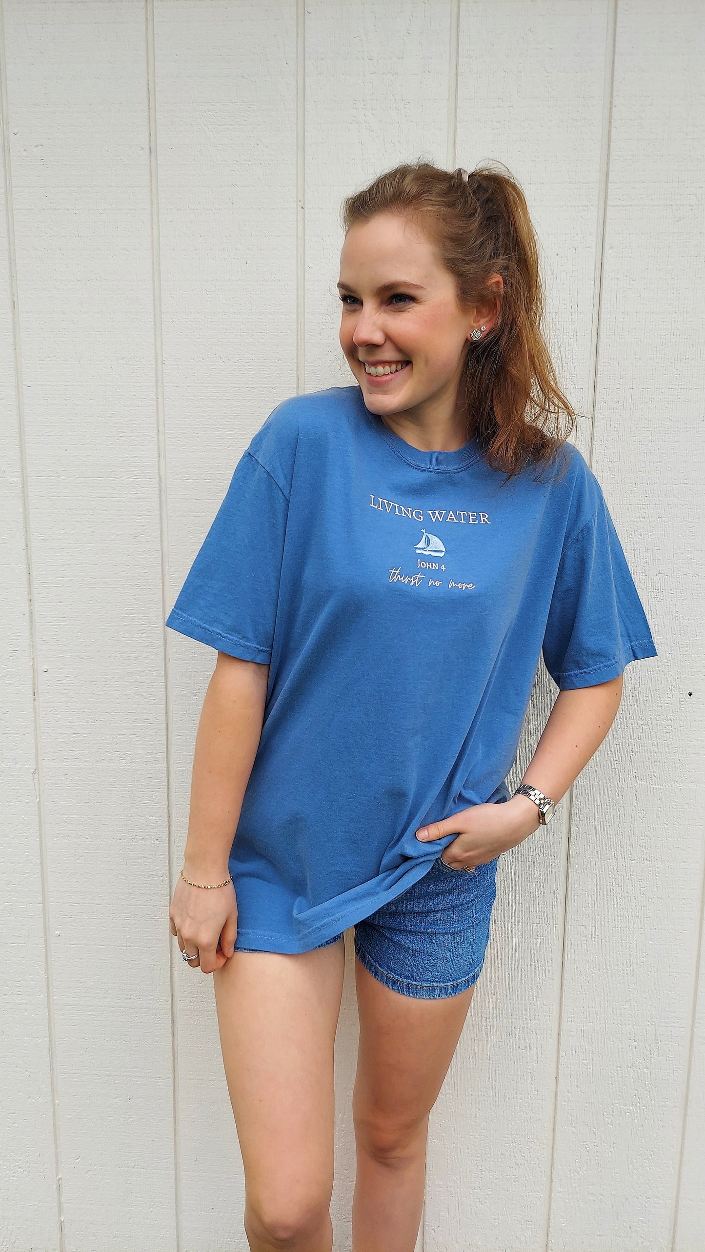 Living Water Embroidered Tee / Blue