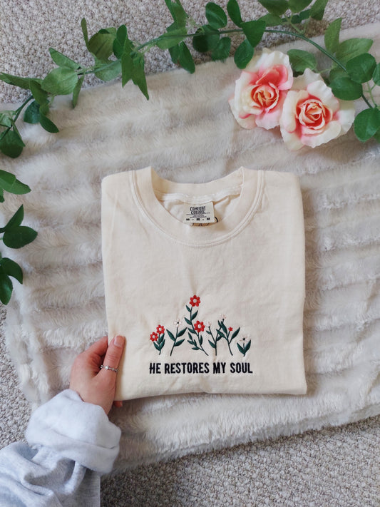 He Restores My Soul Embroidered Tee / Cream