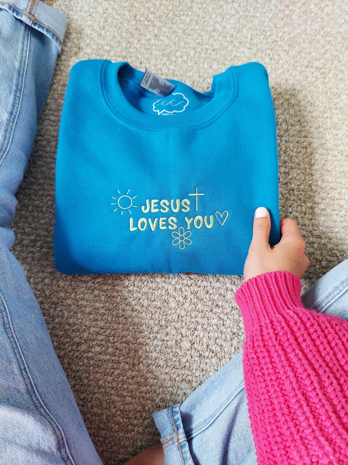 Jesus Loves You Embroidered Crew / Blue