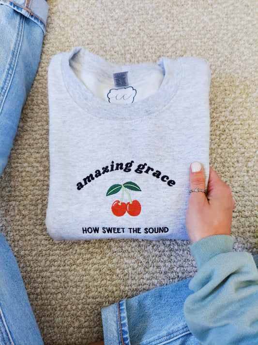 Amazing Grace Embroidered Crew / Gray