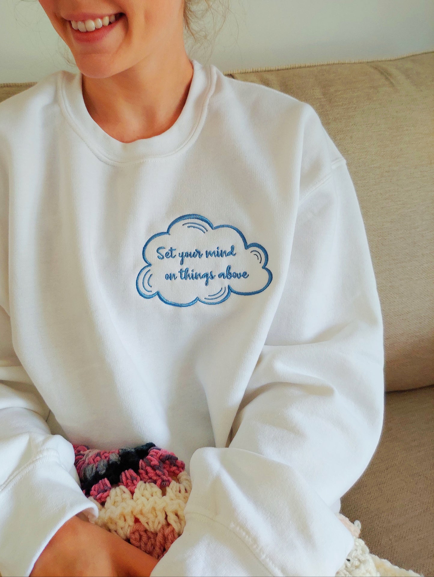 Set Your Mind On Things Above Embroidered Crew / White