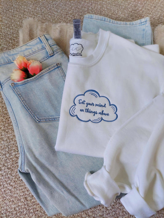 Set Your Mind On Things Above Embroidered Crew / White