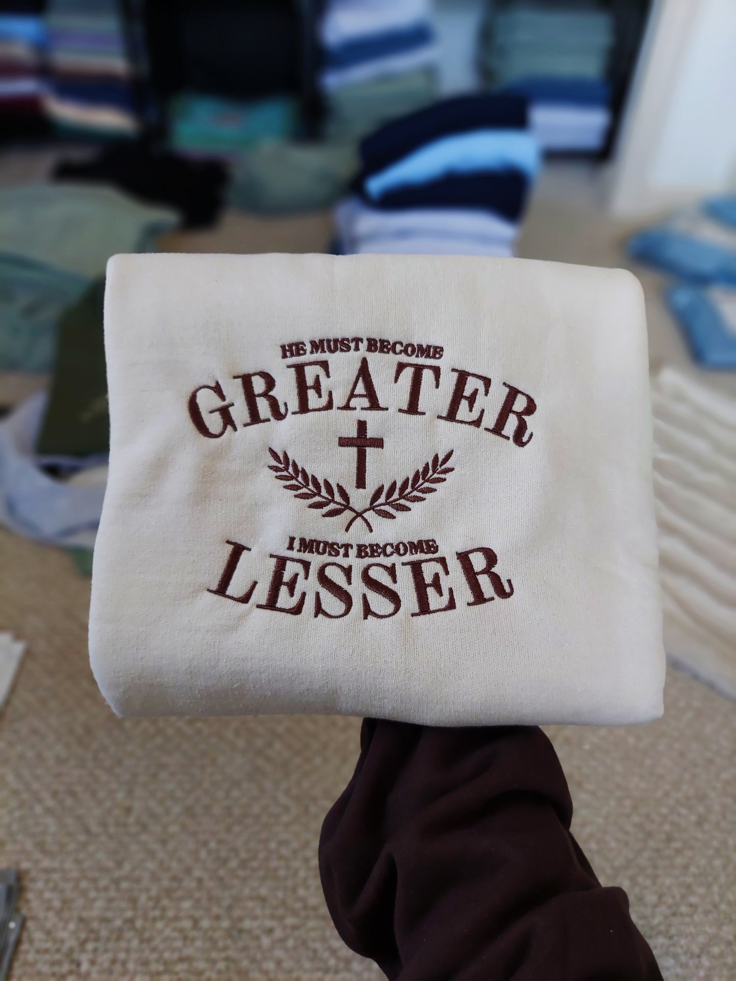 He Must Become Greater Embroidered Crew / Beige