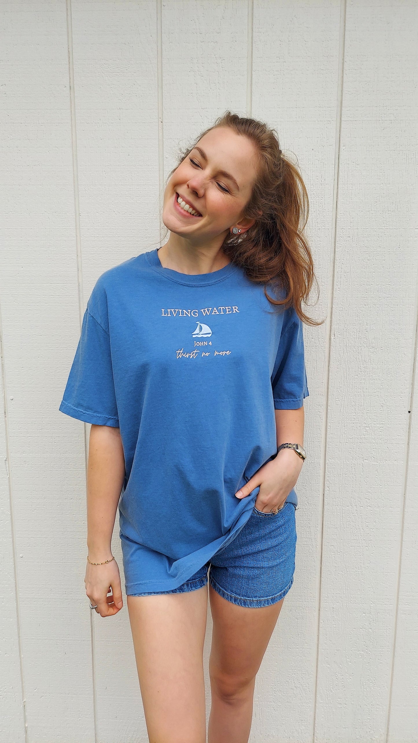 Living Water Embroidered Tee / Blue