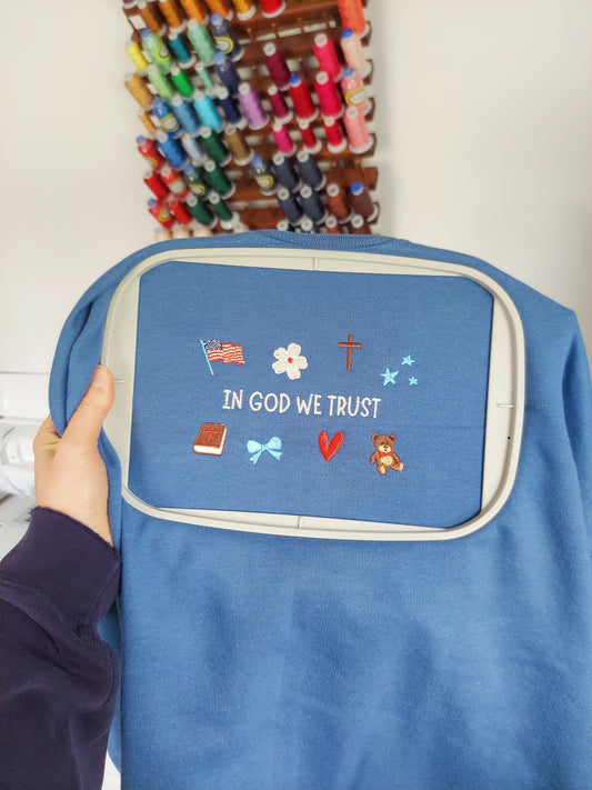 In God We Trust Embroidered Crew / Denim