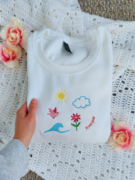 It Was Good Embroidered Crew / White